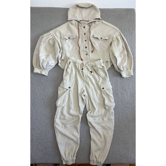 POL Track Suit Hoodie Oversized Waffle Knit Crop Top Hooded Pants - Picture 1 of 16